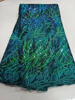 

2020 Wholesale luxury quality African chiffon lace fabric with sequins 5 yards emerald green sequins lace fabric YYZ213