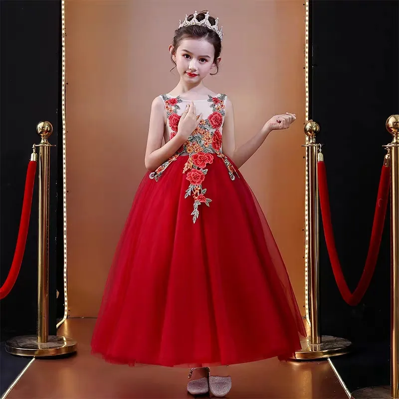 red long dress Элегантное нарядное платье принцессы из тюля с цветочной аппликацией на день рождения детское фортепиано для маленьких девочек, костюмы - Цвет: red long dress
