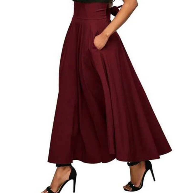 

YSDNCHI High Waist Long Bow Streetwear New Elegant Fashion Women Flared Pleated Maxi Skirt Pockets Long Loose