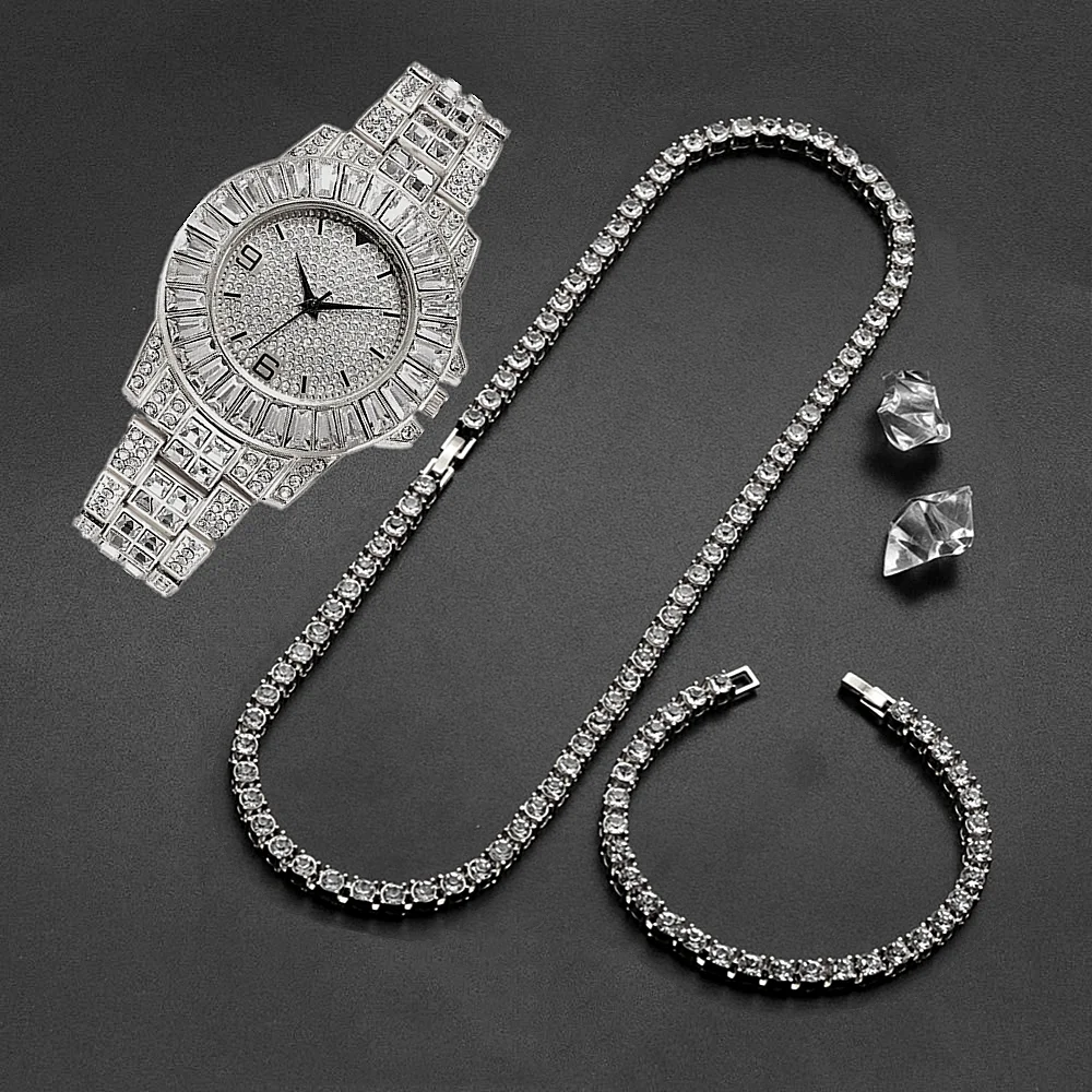 Iced Out Watches for Men Necklace Bracelet Rhinestone Choker Bling Crystal Tennis Chain for Men Jewelry Hip Hop Men gold Watch