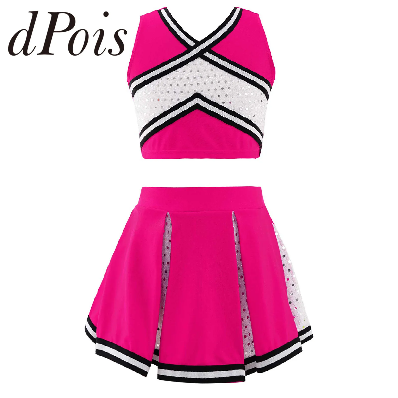 Cheerleader Uniform Kids Girls Cheerleading Costume Schoolgirls Dance Clothes Set Sleeveless Top Skirt Children Sequins Outfit