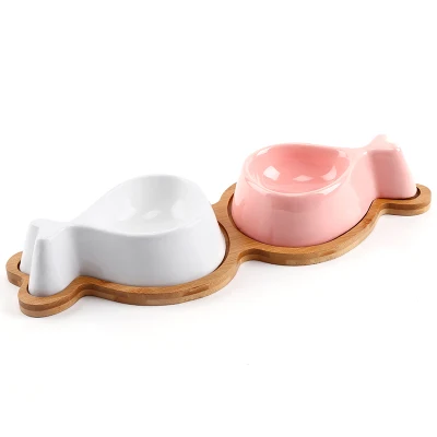 White pink Новая миска для кошек в форме рыбы, милая миска для домашних животных, двойные миски для собак, керамическая креативная миска для рыб с деревянным поддоном, миски для воды для домашних животных - Цвет: White pink