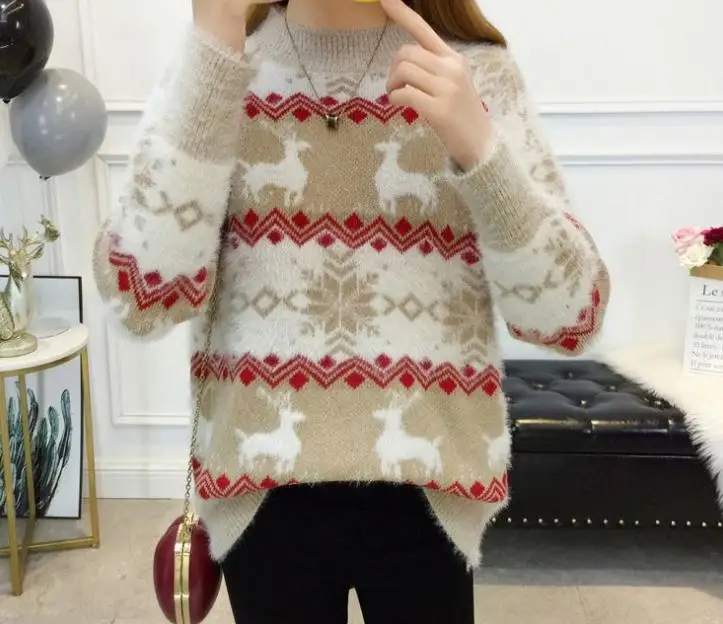 Autumn Winter sweater Striped Mohair Oversized Christmas Sweater Women Elk Long Neck Plus Size Knit Pullover Jumper | Женская одежда