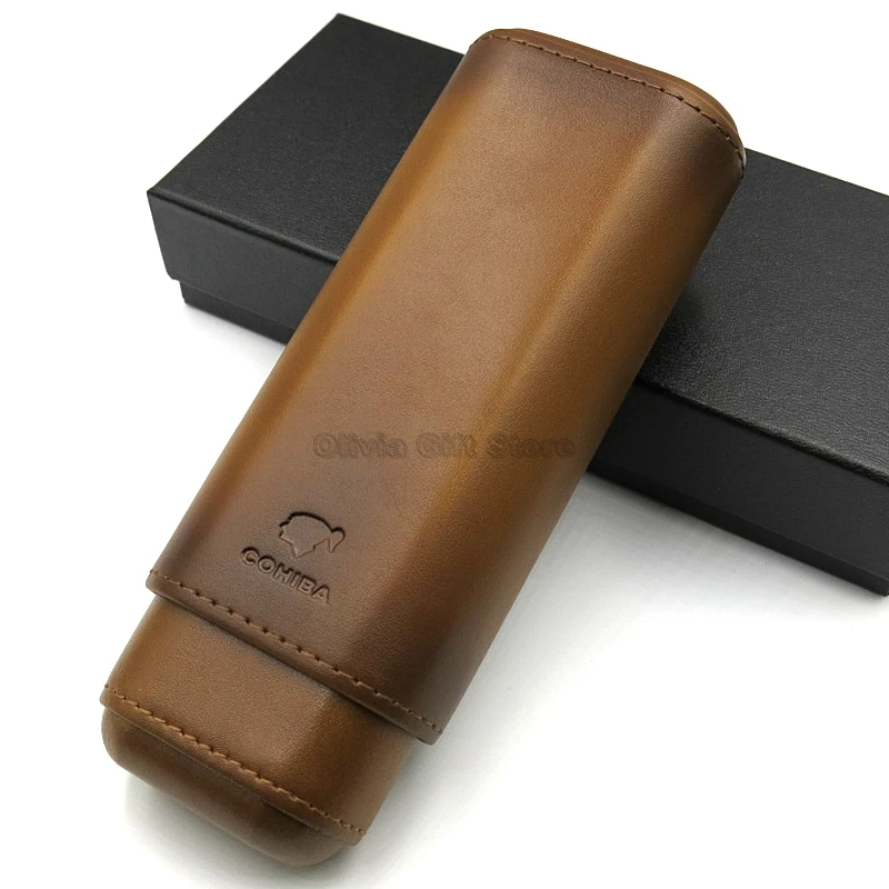 Brown Чехол для сигар COHIBA из натуральной коричневой кожи с 2 трубками, для путешествий на открытом воздухе, коробка для сигар с подарочной коробкой, портативный инструмент для хранения табака - Цвет: Brown