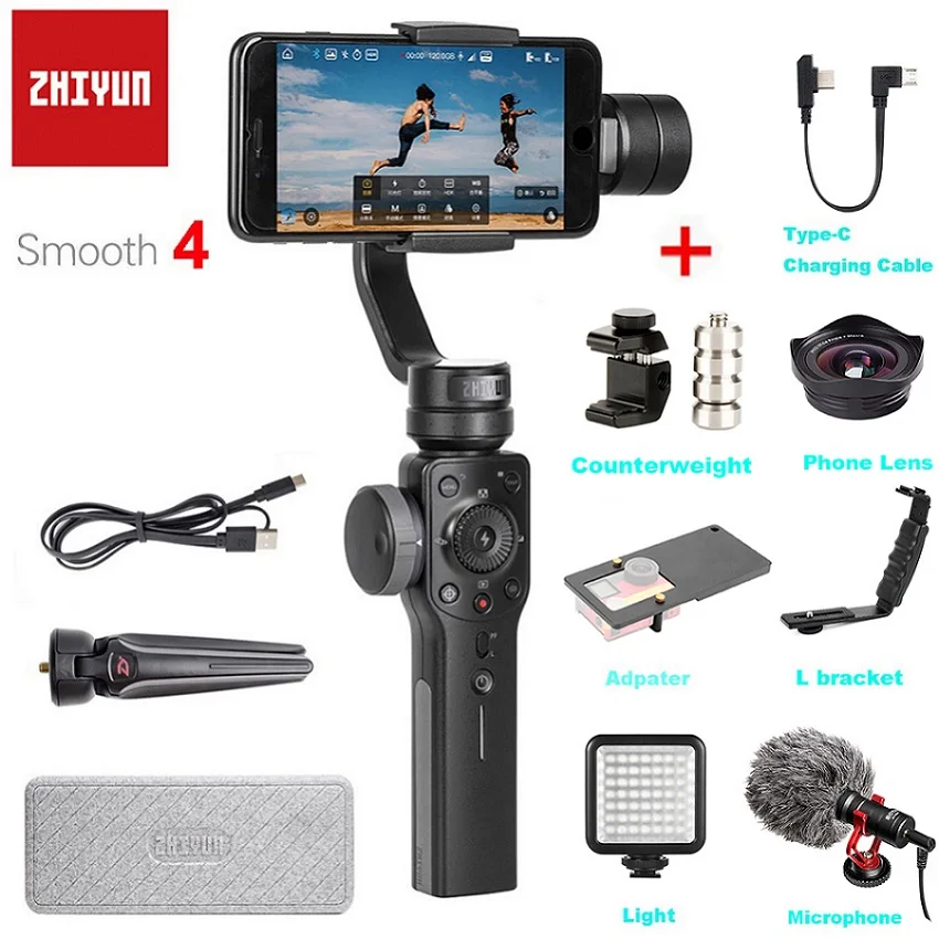 Zhiyun Smooth 4 3-осевой ручной шарнирный стабилизатор для камеры GoPro фокус Pull& Zoom для iPhone XS XR X 8 плюс 8 7 Plus 6 Plus SE samsung S9 экшн Камера - Цвет: Black with Kit