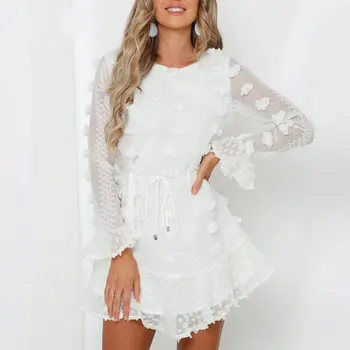 

Sexy Pom Poms Women Black White Party Dresses 2020 Autumn Winter Long Sleeve Boho A Line Ruffle Dress With Waist Tie