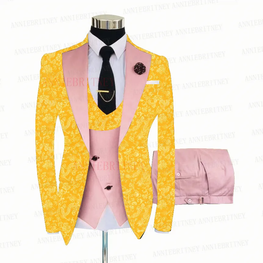 Yellow Floral Printed Groom Wedding Suit Set Slim Fit Formal Men Shiny Jacket Prom Dinner Suit Blazer Vest Pants 3 Pieces