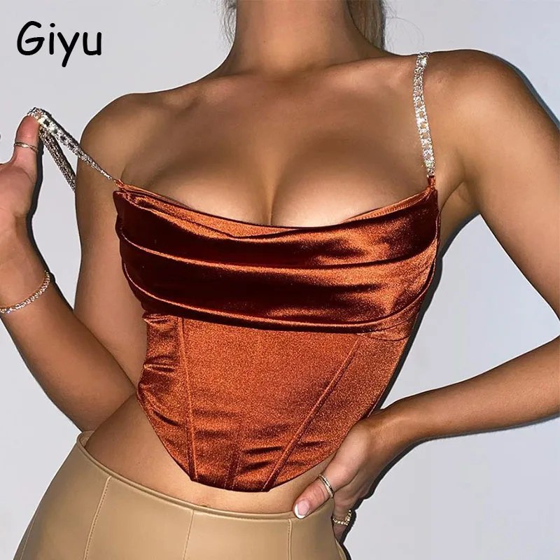 Giyu Crystal Diamante Cropped Bustier Camis Satin Crop Top Women Summer Stacked Sexy Club Wear Party Outfits Corset Tops | Женская