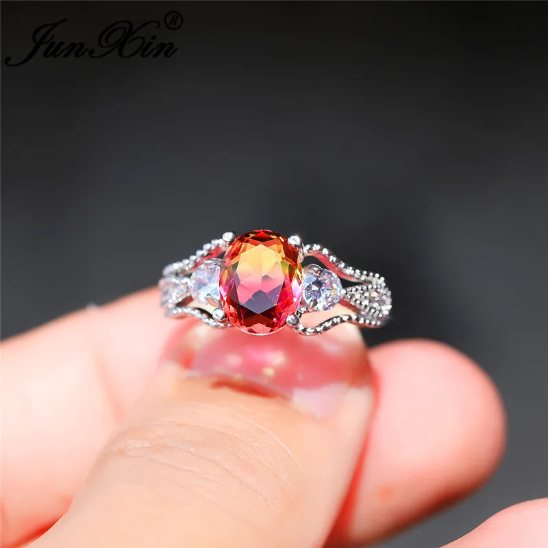 Rose Red Yellow Ring Мистический Огонь Кристалл Овальные Свадебные Кольца для женщин серебряного цвета белого золота кольцо синий красный желтый циркон Радуга Кольцо для помолвки, фианит - Цвет основного камня: Rose Red Yellow Ring