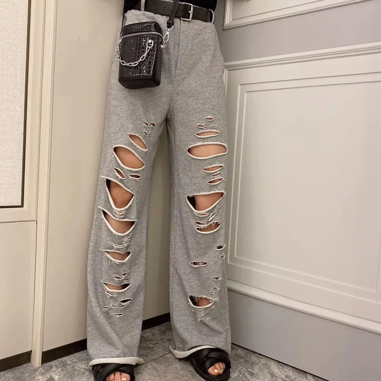 Vefadisa 6 Style Women Holes Wide Leg Pants 2020 Summer Women High Waist Straight Pants Female Plus Size Slim Pants ZQY242B