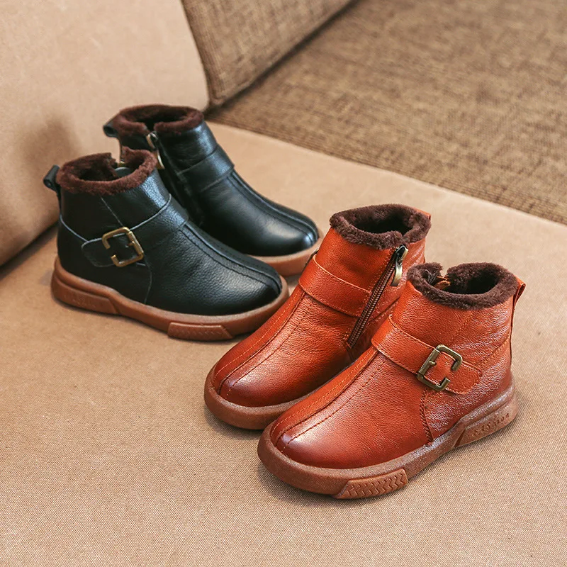Children's boots autumn Korean version of the wild leather kids boots for boys and girls low tube single boots solid color
