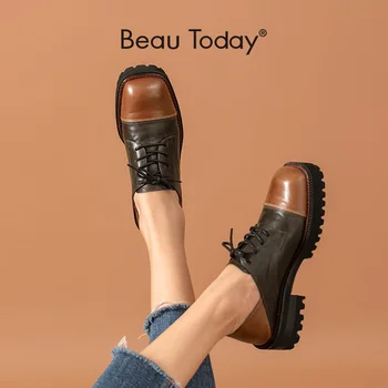 

BeauToday Casual Shoes Women Genuine Cow Leather Mixed Colors Patchwork Square Toe Lace-Up Ladies Derby Shoes Handmade 27720