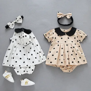 

Newborn Baby Girl Clothes Infant Jumpsuit Summer Short-Sleeved Dot Printed Princess Cute Romper+briefs+hair Band 3 Pieces Set