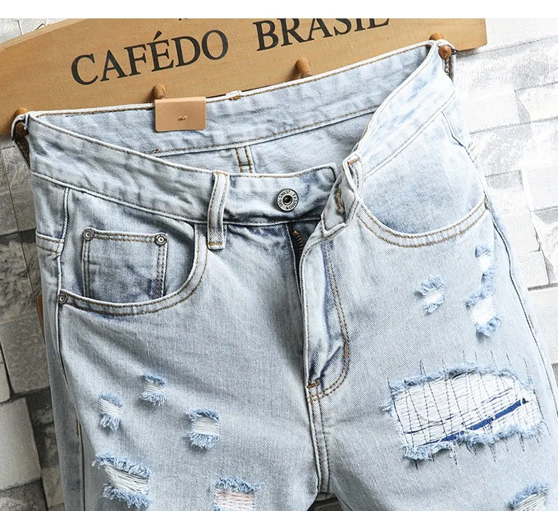 New Summer Men Holes Denim Shorts Light Blue Short Jeans Good Quality Men Knee Length Jeans Shorts Large Size Straight