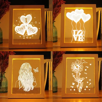

2020 Newest 3D Visual Wooden Photo Frame Light Love Heart Hologram Warm / Cold Light Night USB Desk Lamp Wedding Mood Lava Lamp