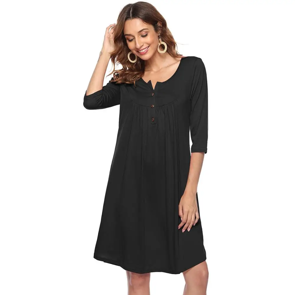 Women Three Quarter Button Knitted Casual Loose Dresses 2019 Spring Autumn Dress Fashion Clothing Female Cotton Dress Vestidos