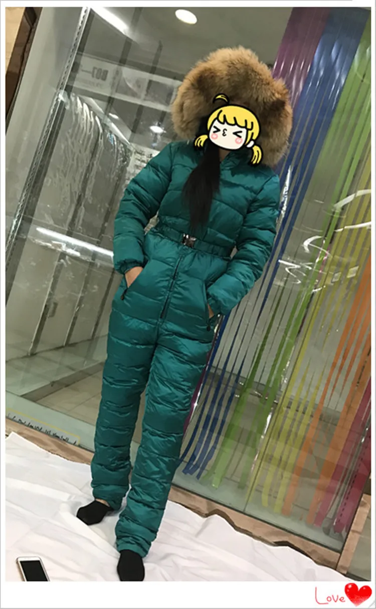 Женский сиамский лыжный костюм, пуховая куртка, высококачественный комплект для улицы, большой меховой воротник, пуховик на утином пуху, комбинезон, комбинезон, зимнее плотное пальто