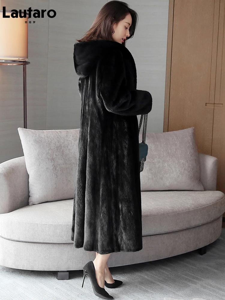 

Lautaro Winter Maxi Black Warm Fluffy Faux Mink Fur Coat Women with Hood Long Sleeve Skirted Elegant Luxury Korean Fashion 2021