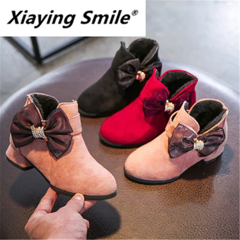 Xiaying Smile/Новинка года; зимние полусапоги для девочек; Теплая обувь принцессы из хлопка; модные ботинки для девочек на низком каблуке средней и большой высоты; 616