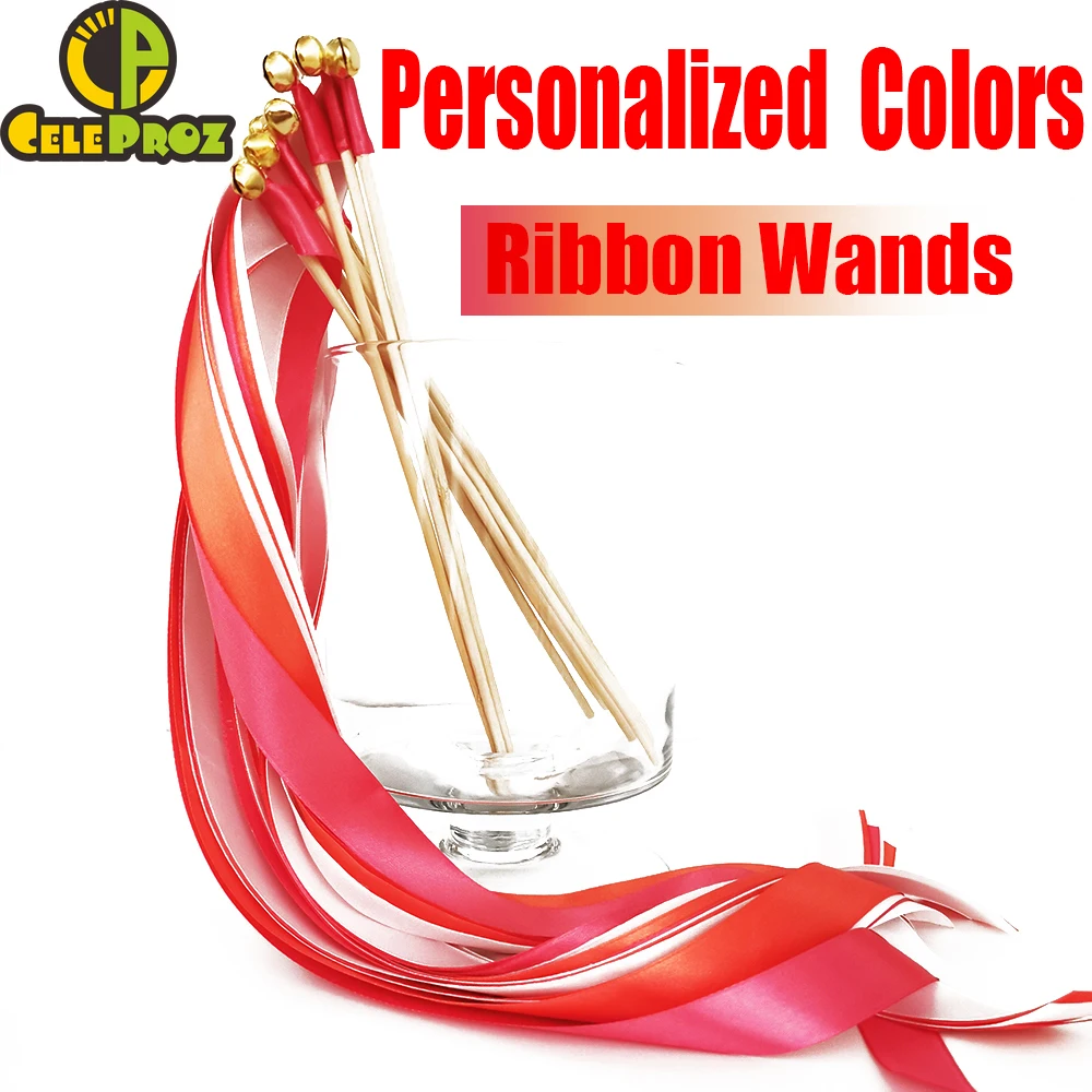 

50Pcs Customized Wedding Ribbon Wands Personalized Ribbon Stick With Bell Fairy Twirling Streamers Dancing Props Party Supplies