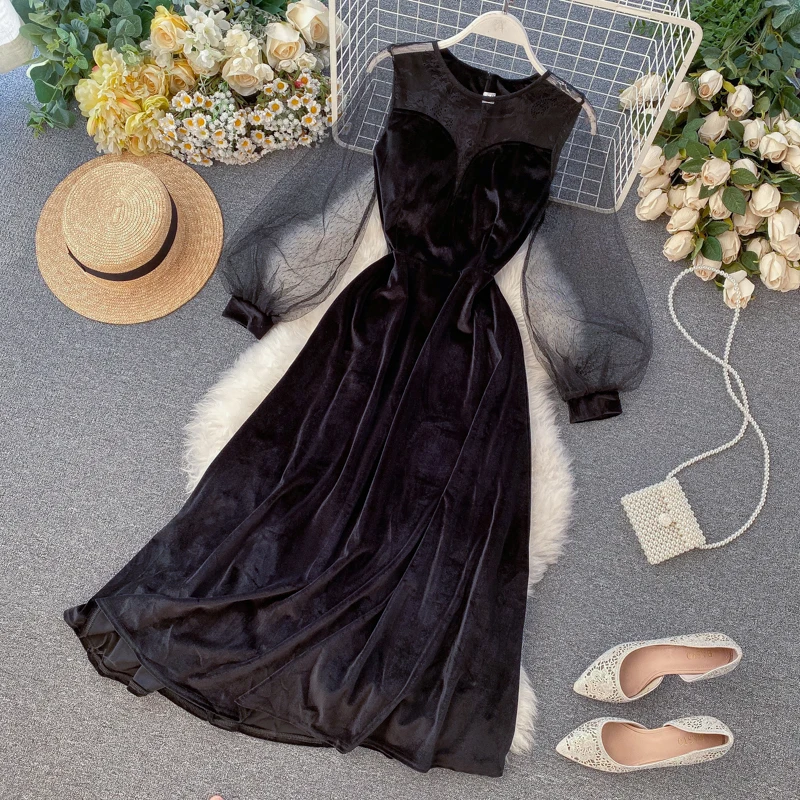 

2019 spring new women O-neck lantern sleeve velvet stitching lace mesh a-line dress female solid color elegant fairy dresses