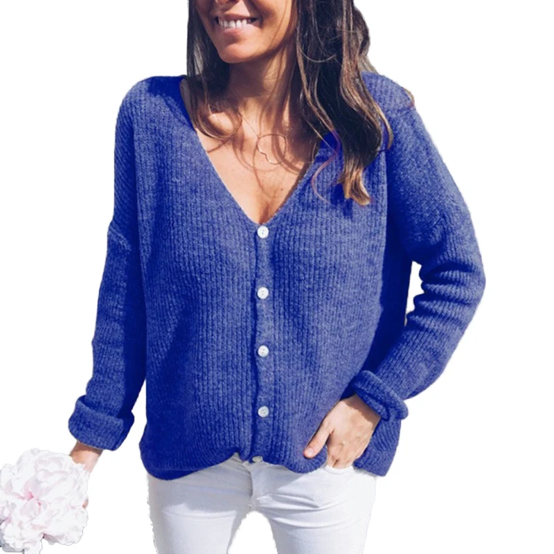 Женский кардиган на пуговицах свитер с v-образным вырезом с длинными рукавами Блузка топы свободного покроя вязаный сексуальный пуловер свитер женская мода