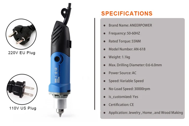 Mini Electric Drill, 18000 Rpm Grinder Engraver Rotary Carver Tool Kit,  Agate Wood Carving US Plug AC 100‑240V, for Around-The-House and Crafting