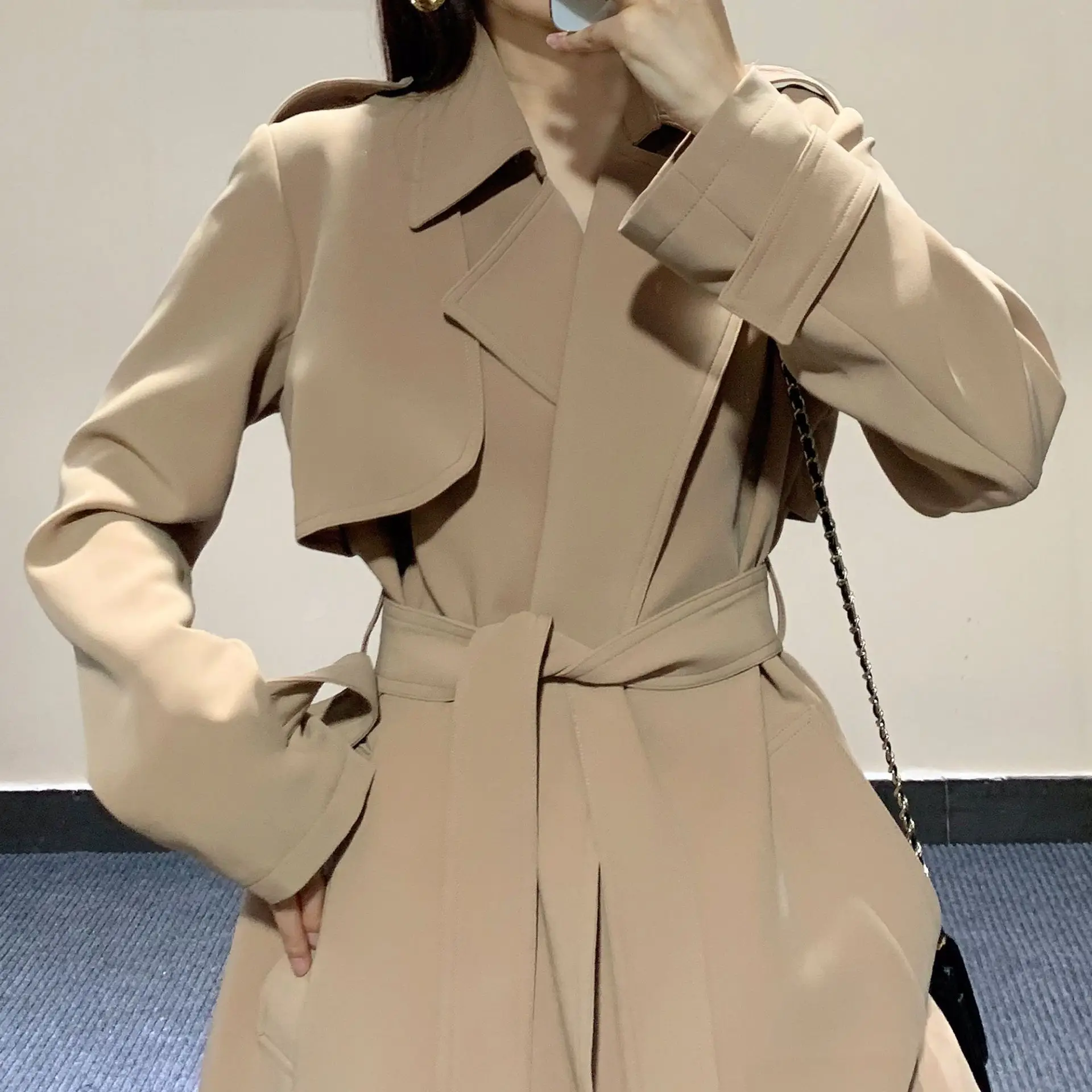 19 Autumn And Winter New Style High-Order Commuting! Straight No Ironing Triacetate Lace-up Waist Hugging Mid-length Trench Coat