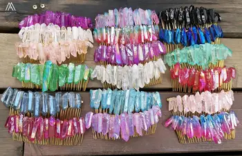 

Rainbow Natural Quartz Crystal Point Beads Hair Combs Headband For Women Crystal Tiara Hair Accessories Wedding Bridesmaid Gift