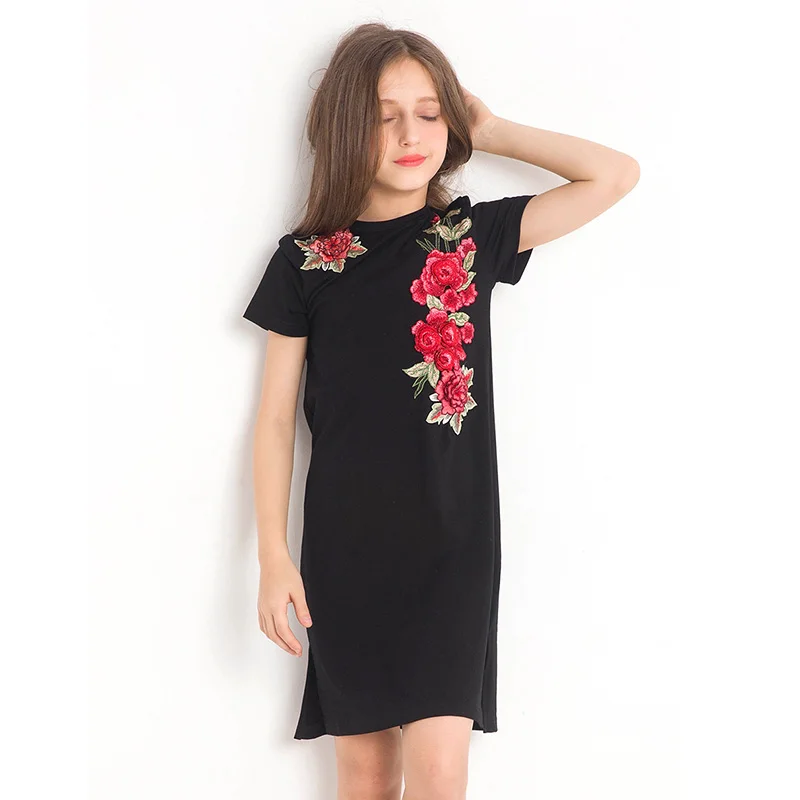 Платье с цветочным рисунком для девочек модная летняя детская одежда Вечерние платья принцессы для крупных девочек детская одежда черного цвета для детей 5, 8, 9, 10, 12, 14 лет