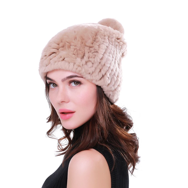 Real rex rabbit fur hat women winter knitted fur beanies cap with fur pom poms new thick female cap Elastic Soft warm