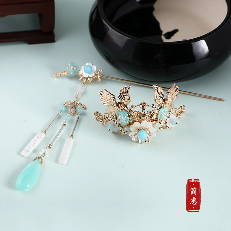 Набор hanfu Китайский винтажный синий камень кисточка ручной работы заколка для волос зажим корона аксессуары головной убор для косплея - Цвет: 1 set