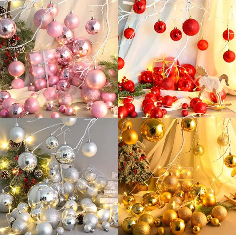 24pcs 30mm Christmas Tree Ball Decorations Party Hanging Ornament Bauble Red/Gold/Champagne/Rose Drop Pendant Xmas Home Gifts