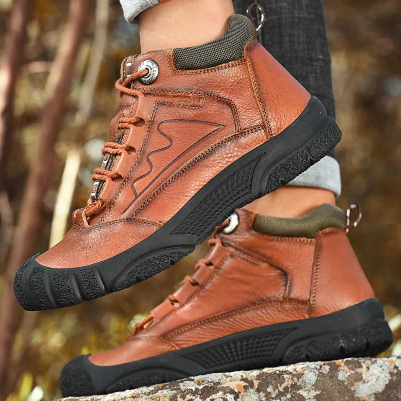 Winter Men's Boots outdoor genuine Leather Warm Leisure Shoes British Round Toe Short Plush Ankle Boots Fur snow boots men o4