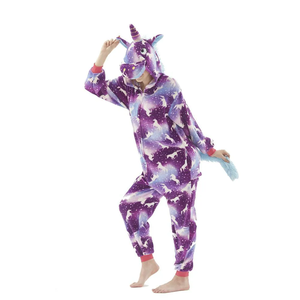 Кингуруми Пижама с единорогом, комбинезон с изображением животных, женская одежда для сна с капюшоном для взрослых, зимняя Фланелевая пижама с рождественским оленем, акулой, единорогом - Цвет: Purple night 1