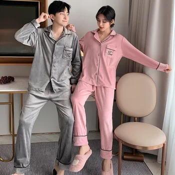 

double-sided coral velvet home clothes island velvet pajamas female couples long-sleeved trousers embroidered suit men