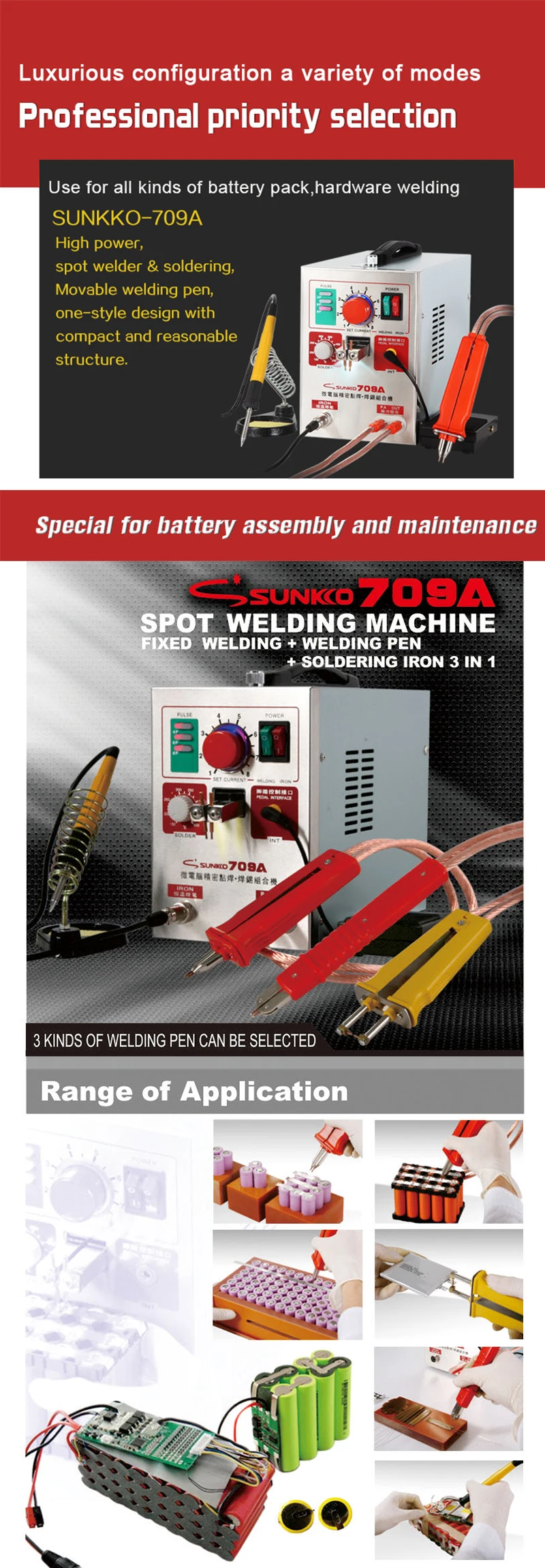 SUNKKO 709A 18650 Battery Spot Welder 2 in 1 LED Pulse Spot Welding Machine Kit with Soldering Iron