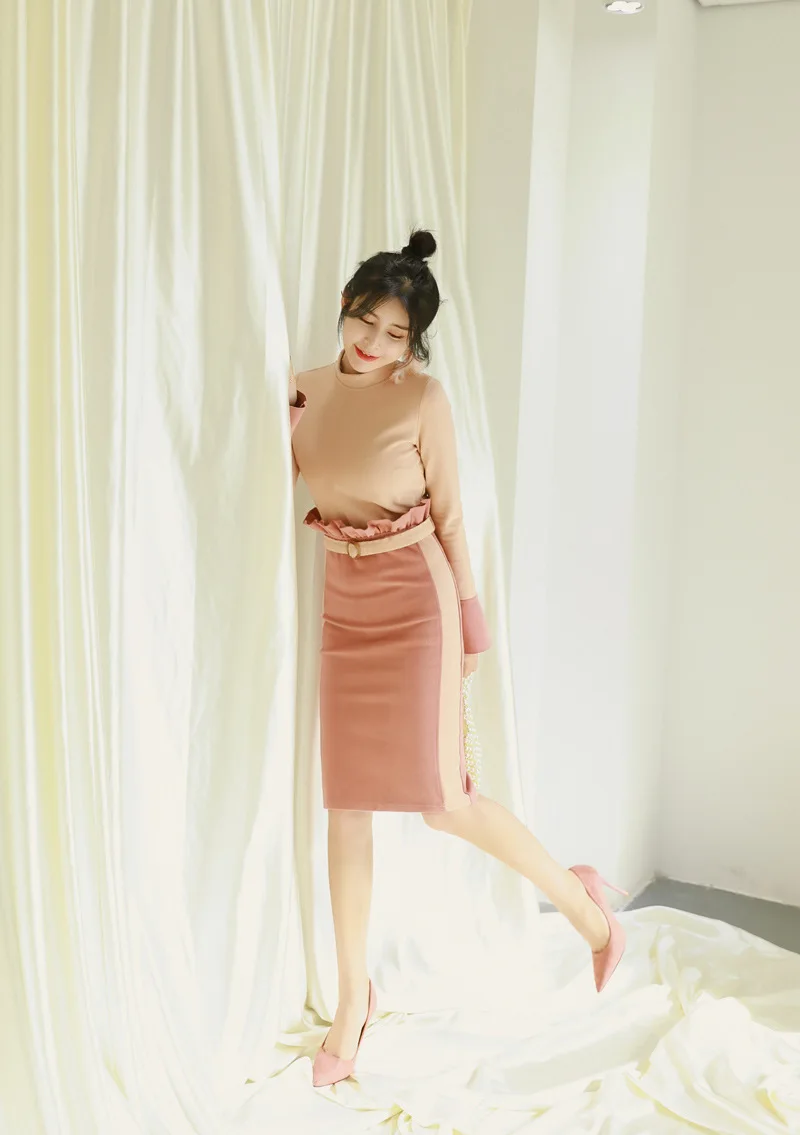 Плюс размер сезон осень-зима; розовый цвет Bodycon Wrap платье женское лоскутное контрастное миди облегающее платье с длинным рукавом Повседневные платья