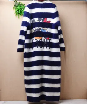 

1.3KG heavy thick casual fashion striped winter mink cashmere knitted loose cardigans button angora rabbit fur overcoat sweater