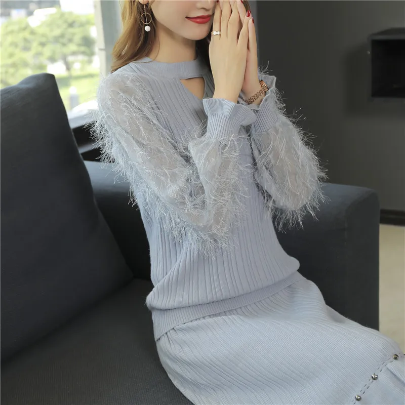 Настоящий хлопковый свитер, женский свитер, 9331 стиль, вязанный рукав с перьями, комплект из двух предметов, 75- 2f, 9 рядов, 3 полки