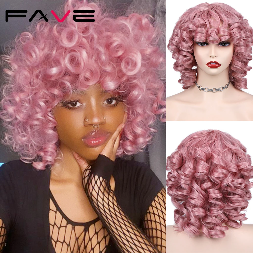 

Fave Pink Curly Wigs Weave Loose Fluffy Wavy Short Curly Blonde Curl Afro Synthetic Hair Natural Looking For Black White Women