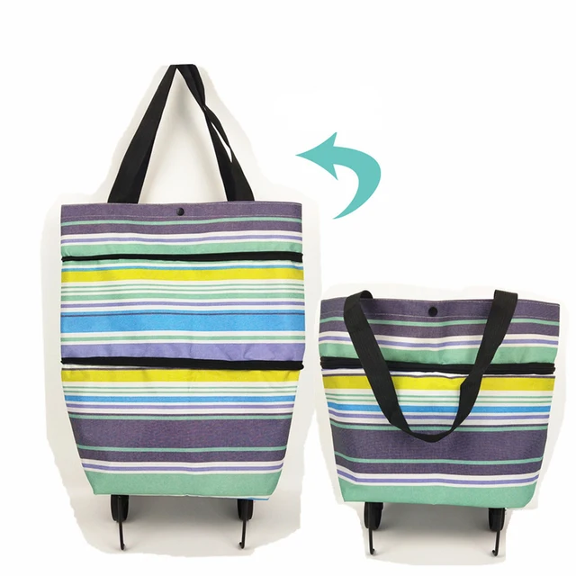 Small Pull Cart Portable Shopping Food Organizer Trolley Bag On Wheels Bags Folding Shopping Bags Buy Vegetables Bag Tug Package Blue stripes