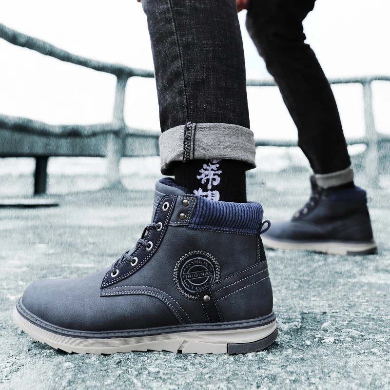 Boots Men Leather Sneakers Boots Fashion Winter Snow Warm Boots Men Lace Up Breathable Footwear Men Casual Shoes Black Boots