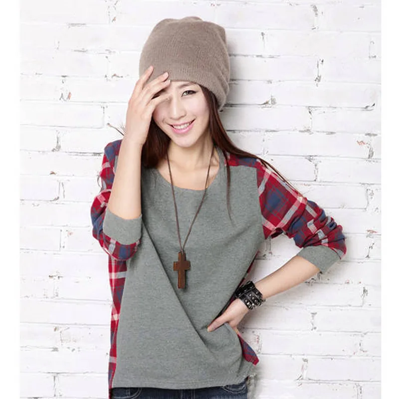 Женская клетчатая кофта Повседневная Осенняя блузка с круглым вырезом и длинным