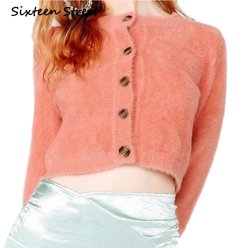 

Button Front Mohair Cardigan Clothing Woman Long Sleeve Chic Coral Cropped Cardigan Woman 2019 Autumn Sweaters New