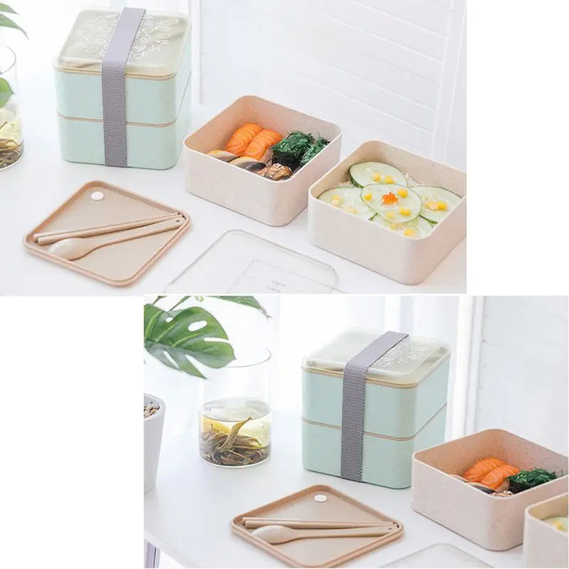 Ланч-бокс двойной площади пшеничной соломы может Microwavable Ланч-бокс зеленый студенческий Ланч-бокс для взрослых