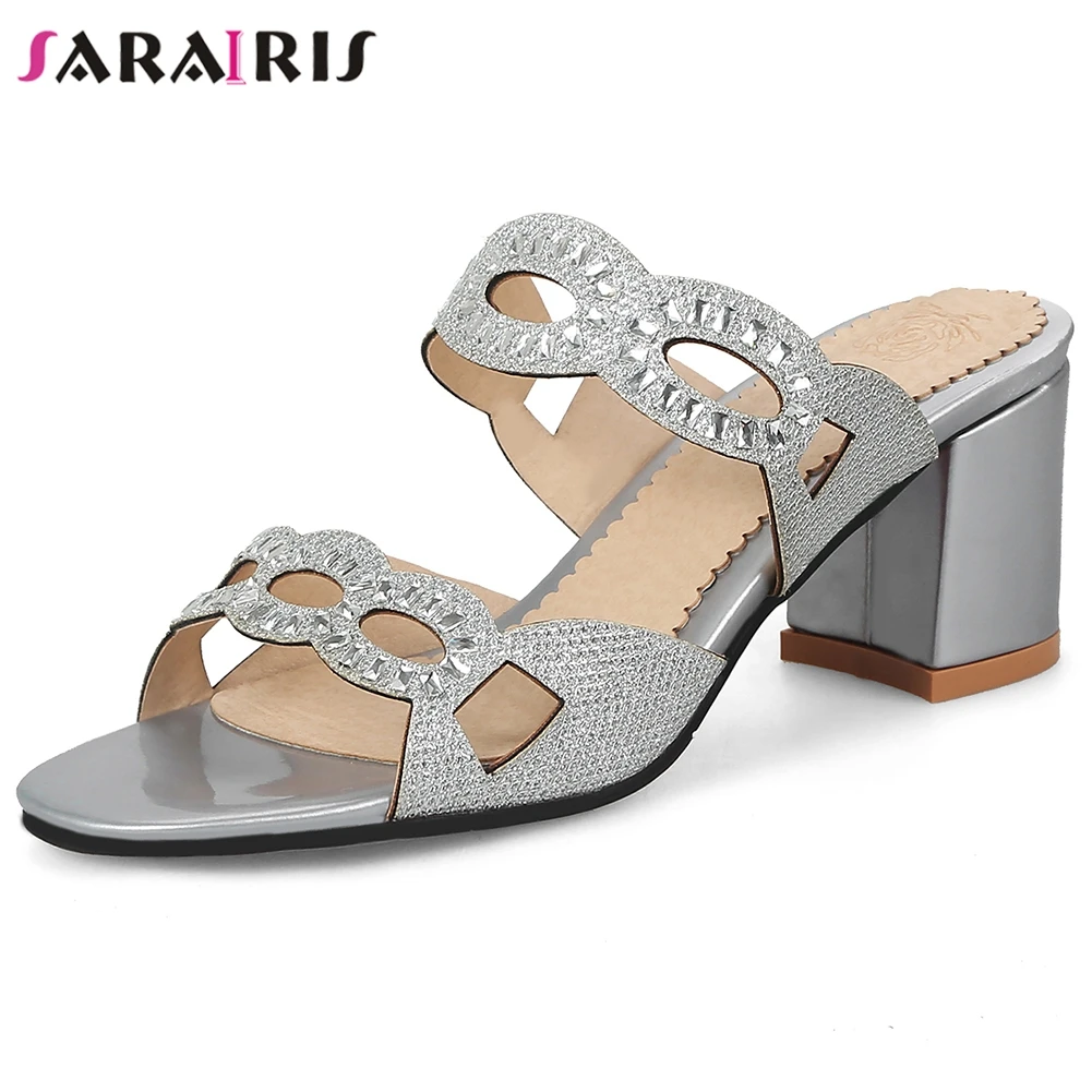 

SARAIRIS Fashion Crystal High Heels Slippers Summer Holiday slip-on Slippers Women Summer Daily Elegant Metallic Shoes Woman