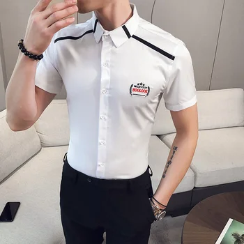 

Casual Men Shirt Solid Youth Short-sleeved Slim Shirt Student Formal Business Shirts Club Party Prom Tuxedo Clothing 2020 Summer
