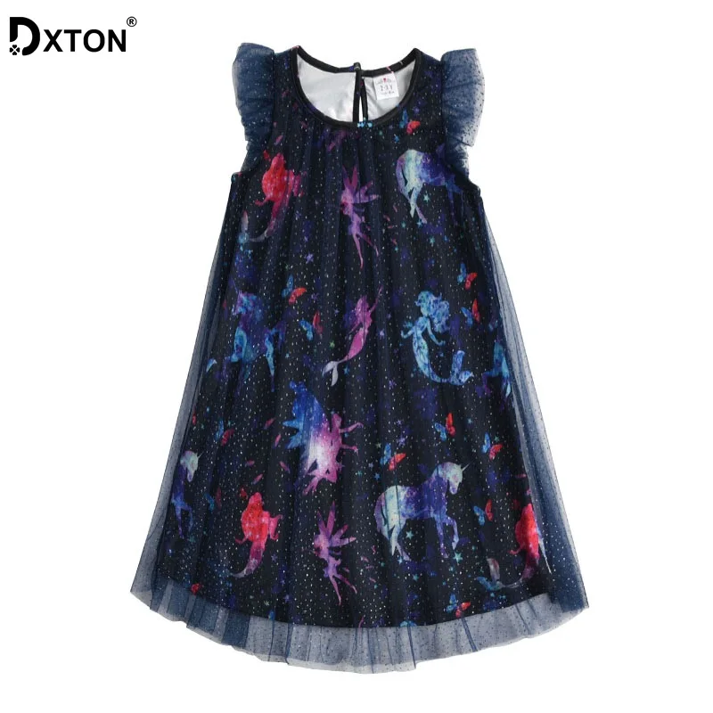 Dxton/платье для маленьких девочек; летние платья с изображением бабочки и единорога; костюм принцессы; Детские праздничные платья для девочек; детская одежда на день рождения