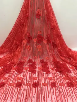 

red flowers beaded applique lace fabric high quality Latest african lace 2019 noble Handmade 3D lace fabric for Nigerian wedding